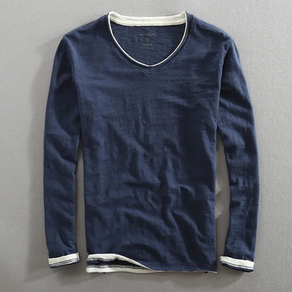 Langärmliges T-Shirt – Herren-Freizeithemd aus Leinen und Baumwolle mit V-Ausschnitt-Marineblau-S-Chaps Herrenmode