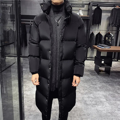 Lange Daunenjacke – Warmer Wintermantel mit Kapuze für Männer-Stehkragen Schwarz-M-Chaps Herrenmode