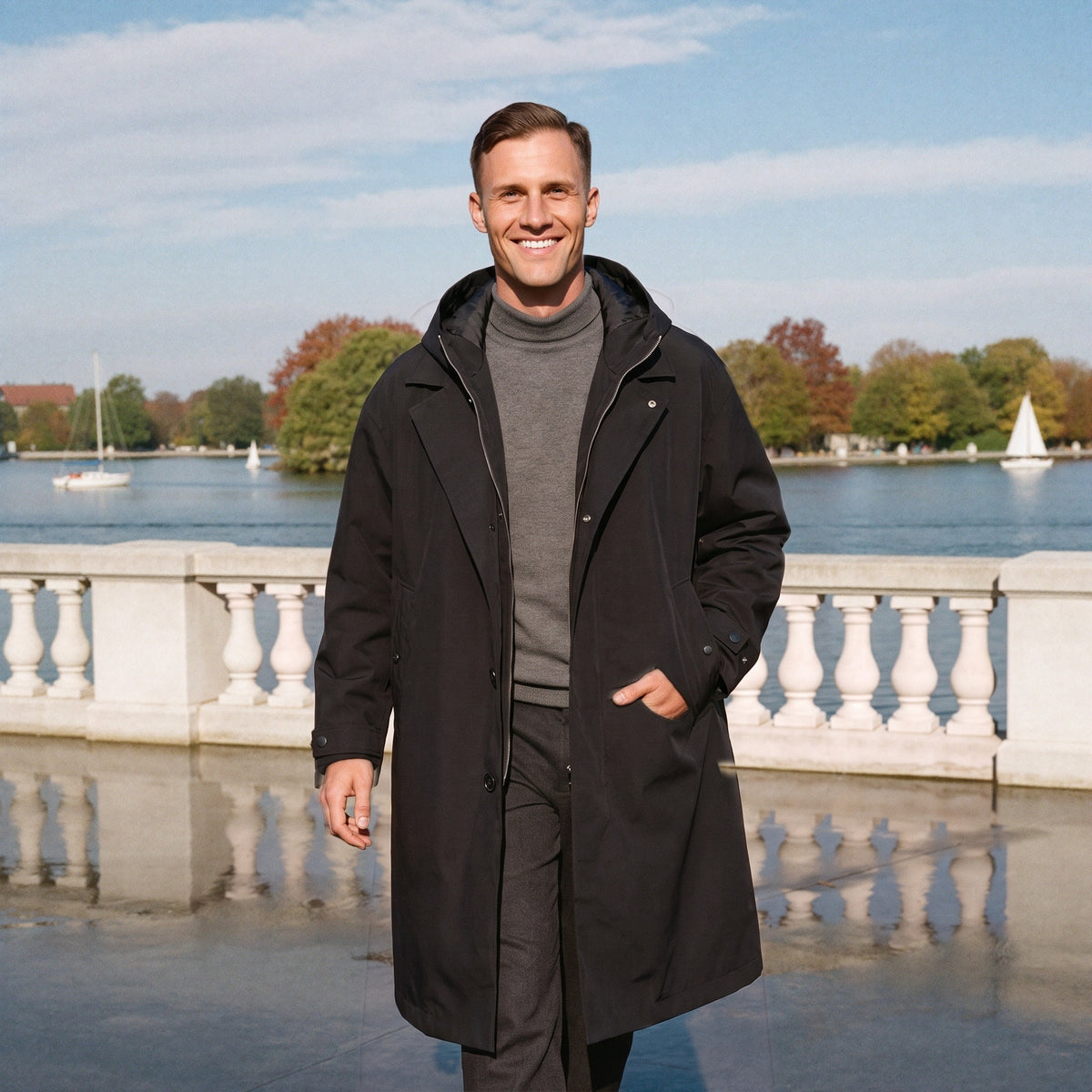 Lange Regenjacke Herren | Kapuze | Leicht | Wasserfest-Schwarz-M-Chaps Herrenmode