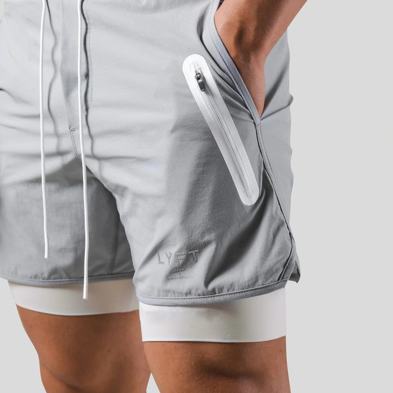 Laufshorts - Herren 2-in-1 Sport Gym Shorts mit Taschen-Grau mit Logo-S-Chaps Herrenmode