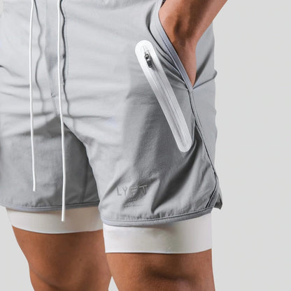 Laufshorts - Herren 2-in-1 Sport Gym Shorts mit Taschen-Grau mit Logo-S-Chaps Herrenmode