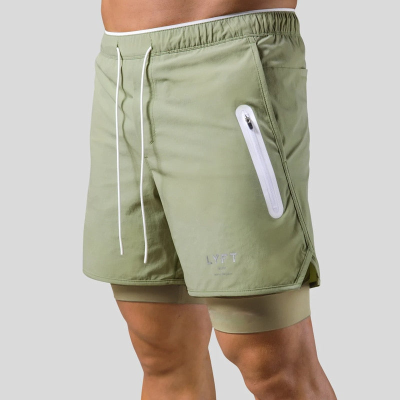 Laufshorts - Herren 2-in-1 Sport Gym Shorts mit Taschen-Grün mit Logo-S-Chaps Herrenmode