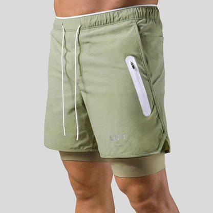 Laufshorts - Herren 2-in-1 Sport Gym Shorts mit Taschen-Grün mit Logo-S-Chaps Herrenmode