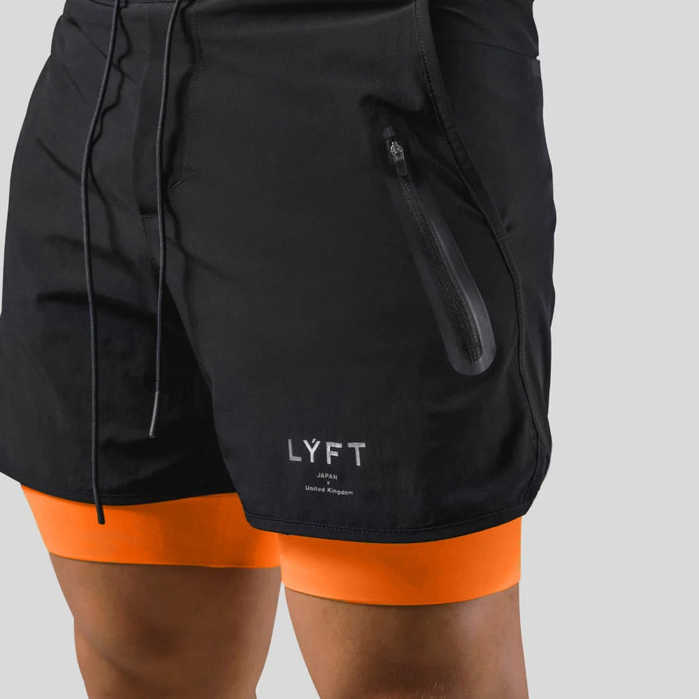 Laufshorts - Herren 2-in-1 Sport Gym Shorts mit Taschen-Schwarz-Orange mit Logo-S-Chaps Herrenmode
