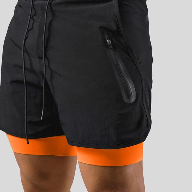 Laufshorts - Herren 2-in-1 Sport Gym Shorts mit Taschen-Schwarz-Orange ohne Logo-S-Chaps Herrenmode