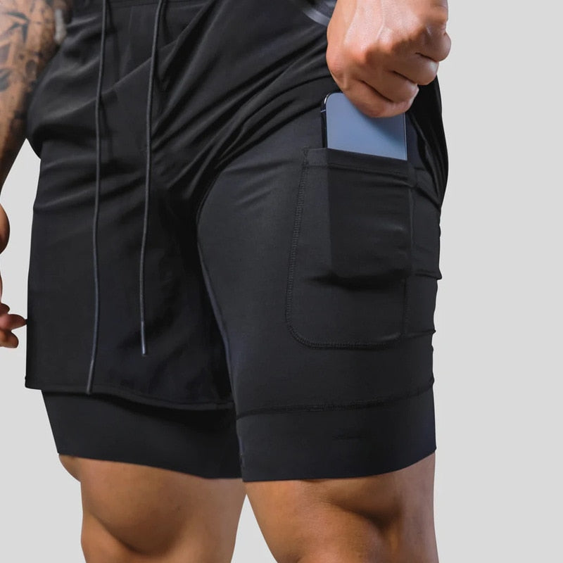 Laufshorts - Herren 2-in-1 Sport Gym Shorts mit Taschen-Schwarz ohne Logo-S-Chaps Herrenmode