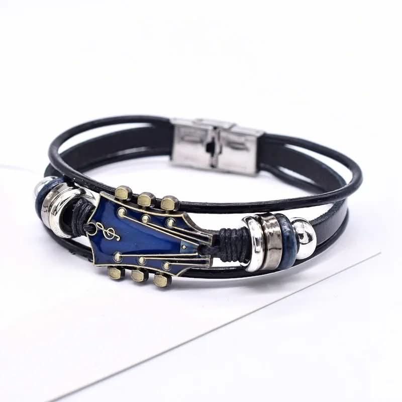 Lederarmband Herren | Gitarrensaiten Design | Verstellbar-Blau-Chaps Herrenmode