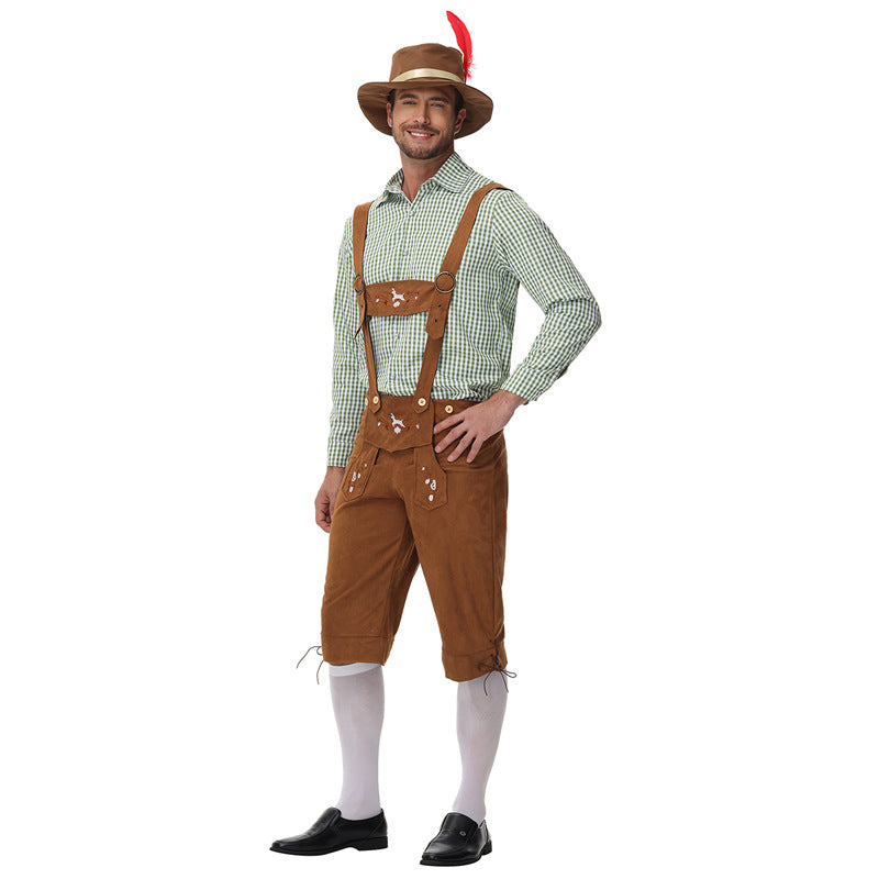 Lederhose Herren - Leder Hosenträger Stickerei Rot Oktoberfest-Hellgrünes Oberteil + khakifarbene Hose-M-Chaps Herrenmode