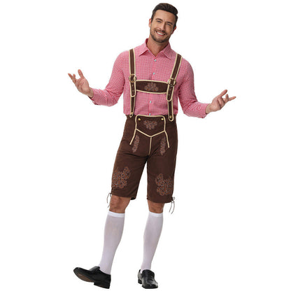 Lederhose Herren - Leder Hosenträger Stickerei Rot Oktoberfest-Rotes Oberteil + braune Hose-M-Chaps Herrenmode