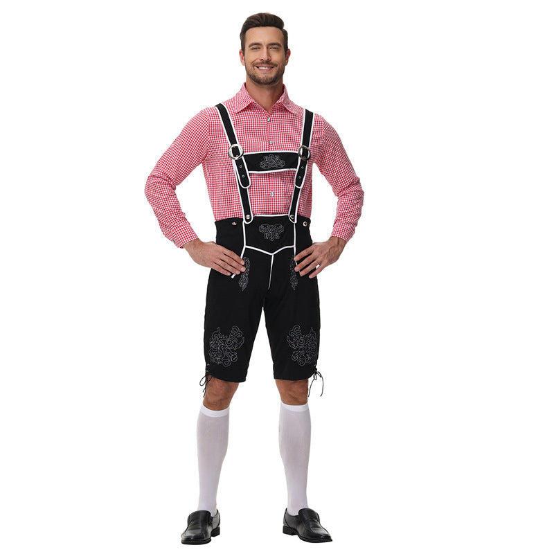 Lederhose Herren - Leder Hosenträger Stickerei Rot Oktoberfest-Rotes Oberteil + schwarze Hose-M-Chaps Herrenmode