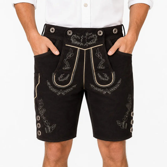 Lederhose Herren - Nubukleder Stickerei Traditionell Schwarz Oktoberfest-Schwarz-S-Chaps Herrenmode