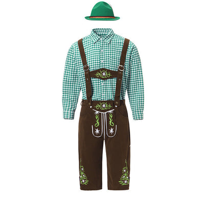 Lederhose Herren - Wildleder Filz Hosenträger Oktoberfest-Grün Langarm-Oberteil + Braun Latzhose + Grüner Mütze-M-Chaps Herrenmode