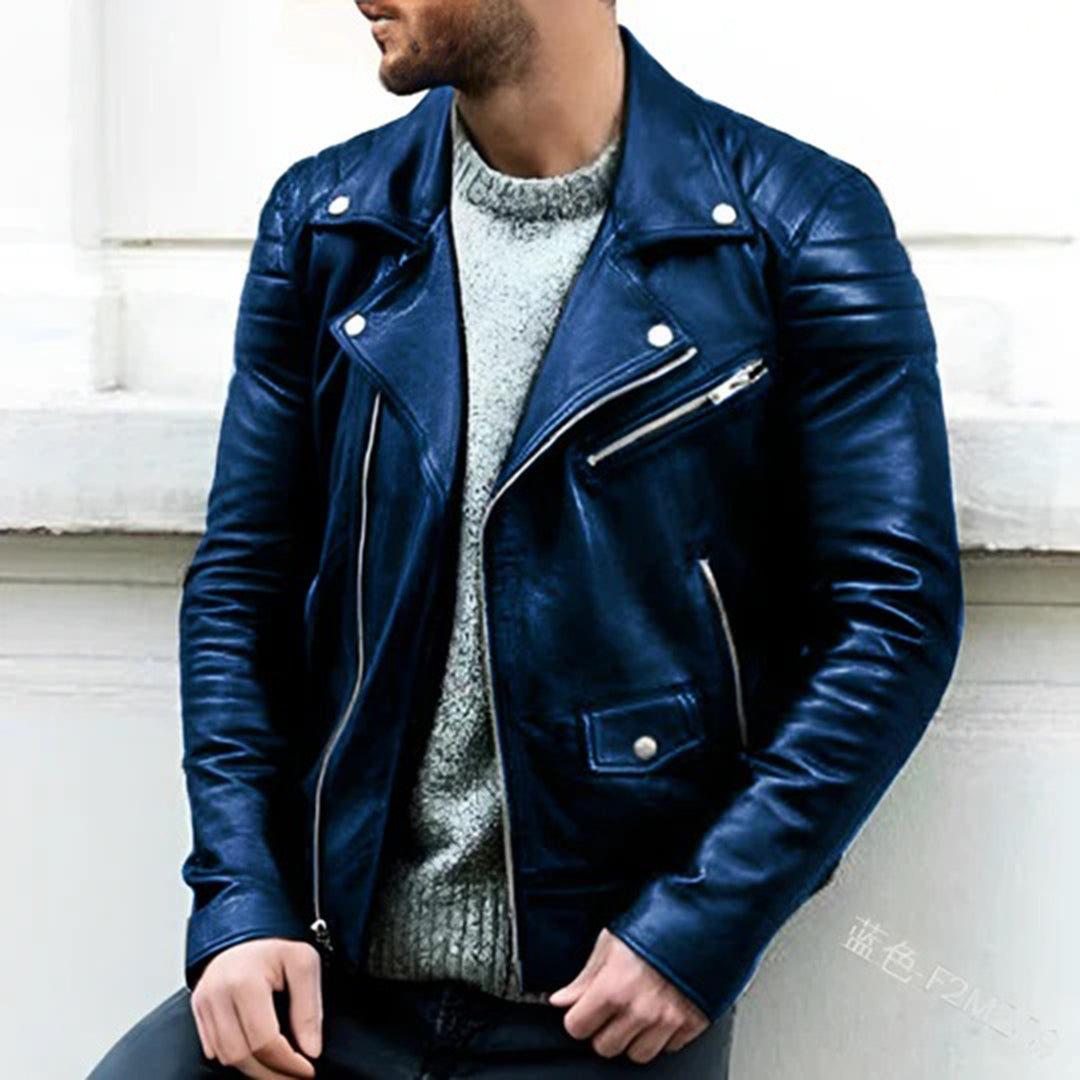 Lederjacke – Herren-Motorradjacke aus Leder mit Reißverschluss-Blau-S-Chaps Herrenmode