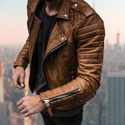 Lederjacke – Herren-Motorradjacke aus Leder mit Reißverschluss-Braun-S-Chaps Herrenmode