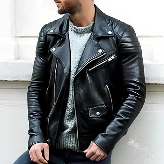Lederjacke – Herren-Motorradjacke aus Leder mit Reißverschluss-Schwarz-S-Chaps Herrenmode
