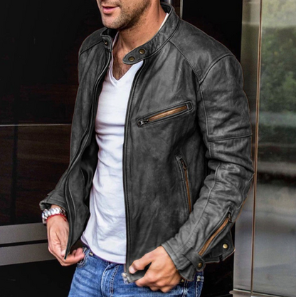 Lederjacke | Normale Passform | Reißverschluss | Herren-Lederjacke | Bikerjacke-Dunkelgrau-S-Chaps Herrenmode