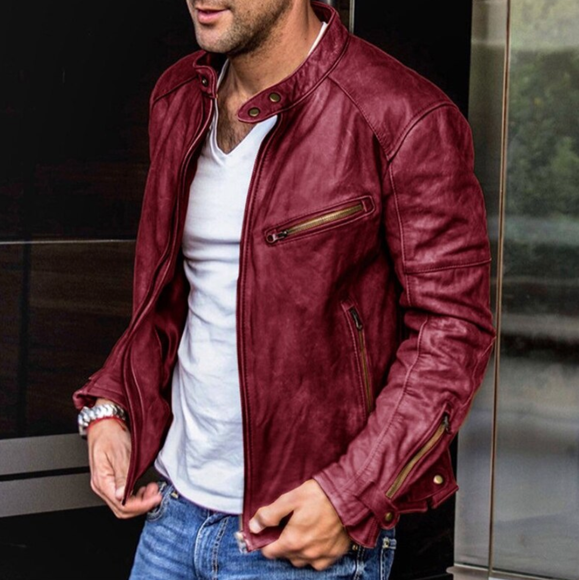 Lederjacke | Normale Passform | Reißverschluss | Herren-Lederjacke | Bikerjacke-Dunkelrot-S-Chaps Herrenmode