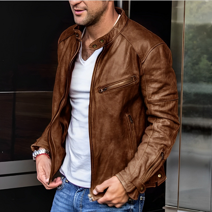 Lederjacke – Reißverschluss – Kunstleder – Bikerjacke – Herrenlederjacke-Braun-S-Chaps Herrenmode