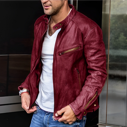 Lederjacke – Reißverschluss – Kunstleder – Bikerjacke – Herrenlederjacke-Rot-S-Chaps Herrenmode
