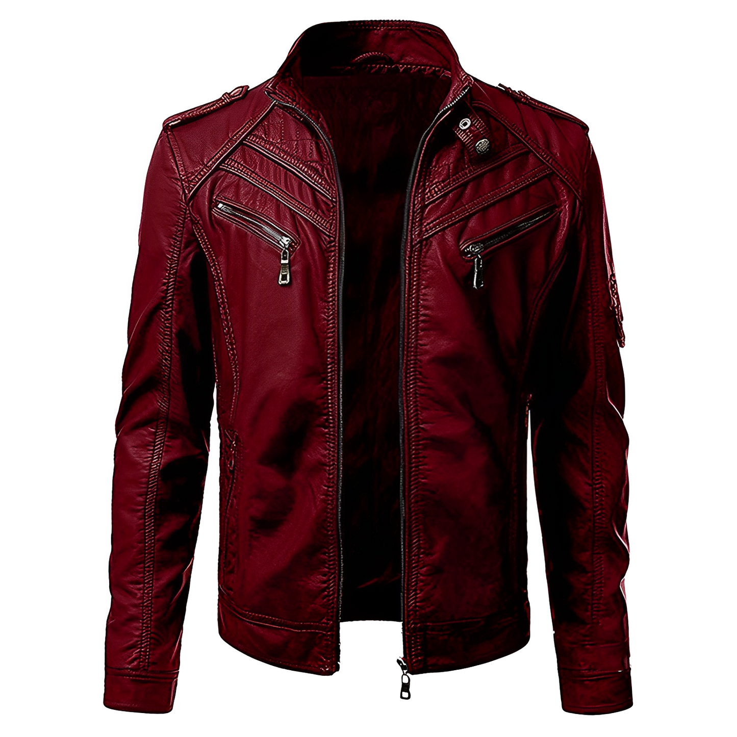 Lederjacke - Zip-Up - Stehkragen - Bikerjacke - Herren Lederjacke-Rotwein-S-Chaps Herrenmode