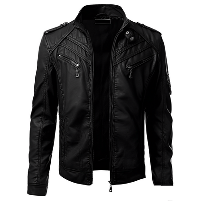 Lederjacke - Zip-Up - Stehkragen - Bikerjacke - Herren Lederjacke-Schwarz-S-Chaps Herrenmode