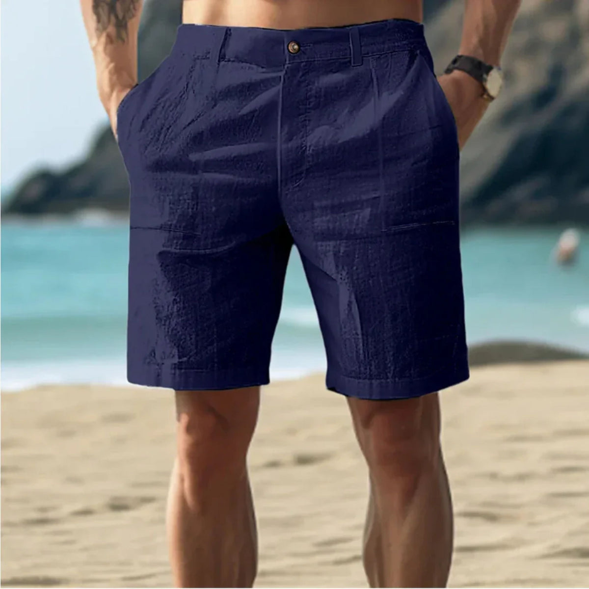 Bermuda-Shorts Herren – Kurze Hose aus Baumwolle und Leinen-Dunkelblau-S-Chaps Herrenmode