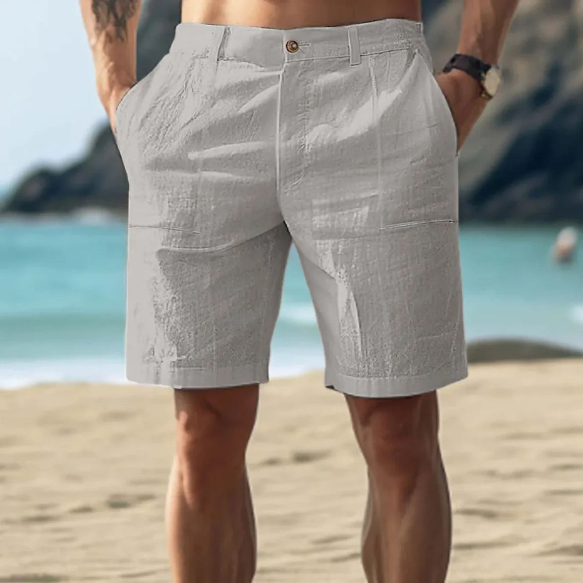 Bermuda-Shorts Herren – Kurze Hose aus Baumwolle und Leinen-Grau-S-Chaps Herrenmode