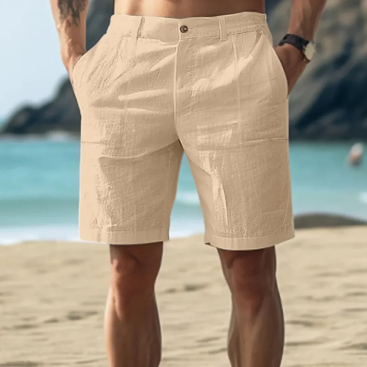 Bermuda-Shorts Herren – Kurze Hose aus Baumwolle und Leinen-Khaki-S-Chaps Herrenmode