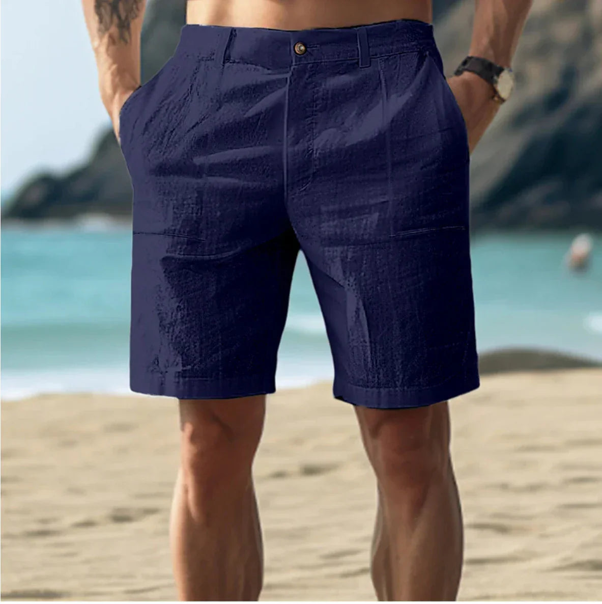 Leinen Shorts für Männer-Dunkelblau-S-Chaps Herrenmode