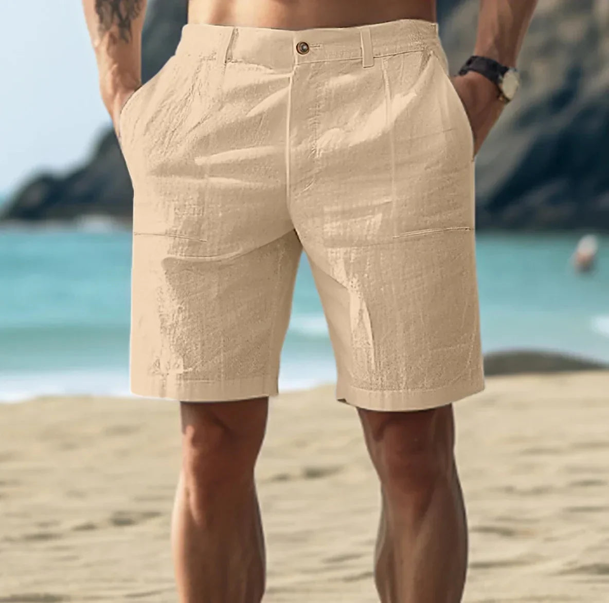 Leinen Shorts für Männer-Khaki-S-Chaps Herrenmode