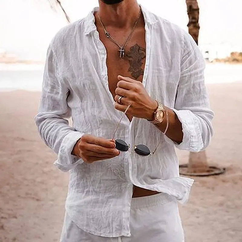Leinenhemd | Baumwolle | Button-Up | Langarm | Herrenhemd-Weiß-S-Chaps Herrenmode