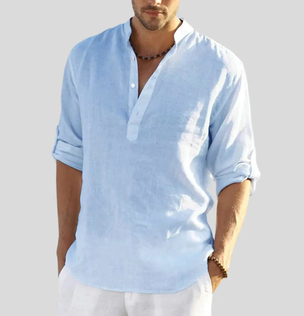 Leinenhemd - Baumwolle - Halber Knopf - Herrenhemd - Herrenbekleidung aus Leinen-Hellblau-XS-Chaps Herrenmode