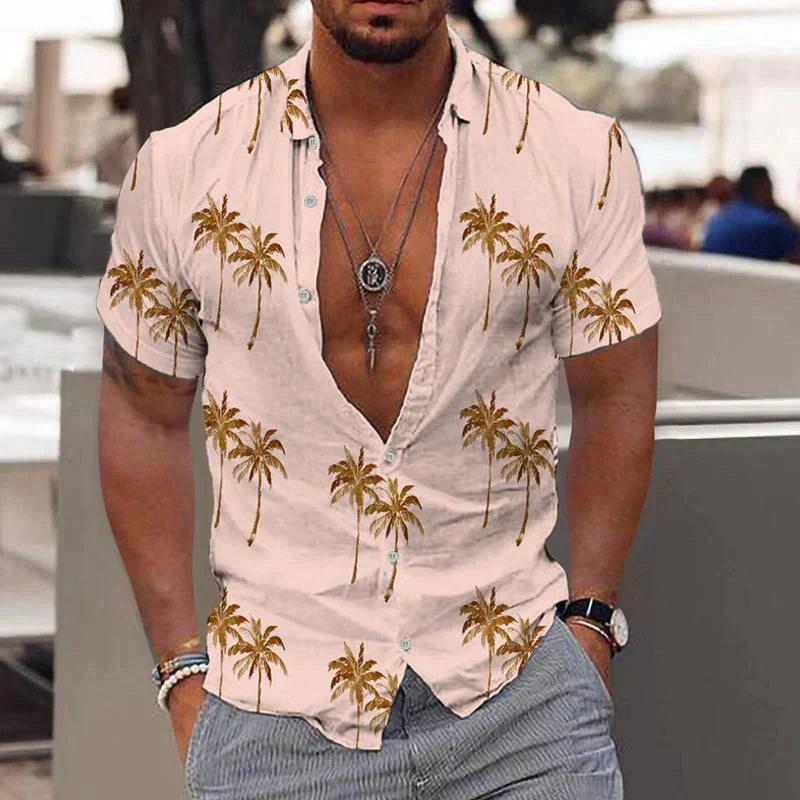 Leinenhemd - Bedruckt - Button-Up - Kurzarmhemd - Herrenhemd-Beige-S-Chaps Herrenmode