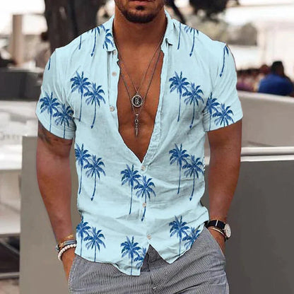 Leinenhemd - Bedruckt - Button-Up - Kurzarmhemd - Herrenhemd-Blau-S-Chaps Herrenmode