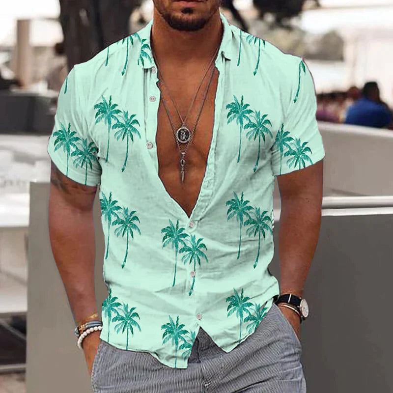Leinenhemd - Bedruckt - Button-Up - Kurzarmhemd - Herrenhemd-Grün-S-Chaps Herrenmode