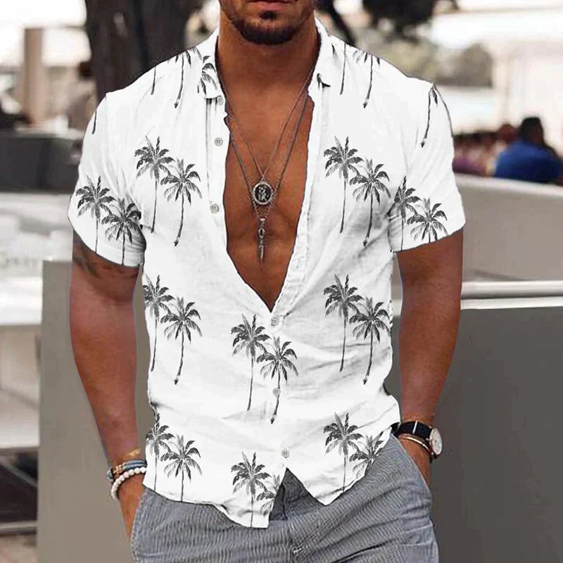 Leinenhemd - Bedruckt - Button-Up - Kurzarmhemd - Herrenhemd-Weiß-S-Chaps Herrenmode