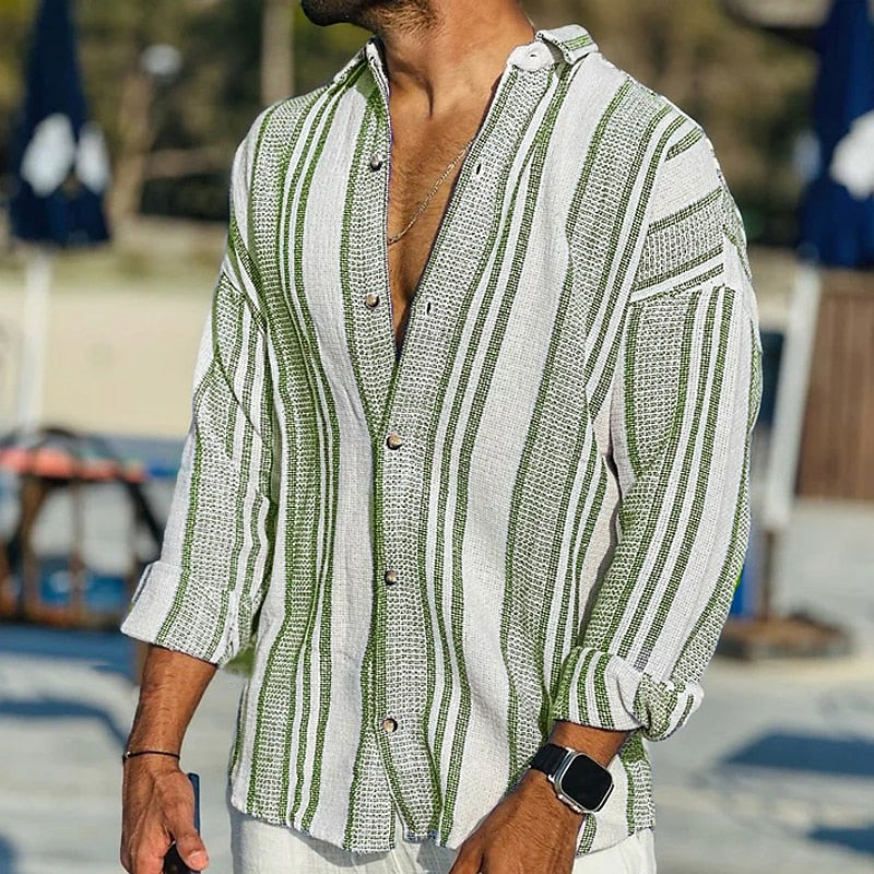 Leinenhemd | Gestreift | Locker sitzend | Langärmliges Hemd | Herrenhemd-Grün-S-Chaps Herrenmode