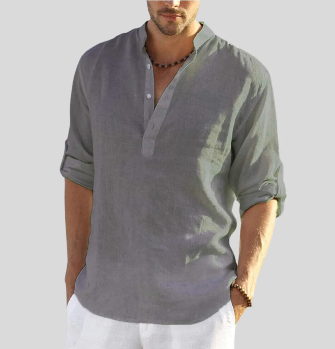 Leinenhemd - Herren Hemd mit halben Ärmeln und Knöpfen - leichtes Sommerhemd-Grau-XS-Chaps Herrenmode