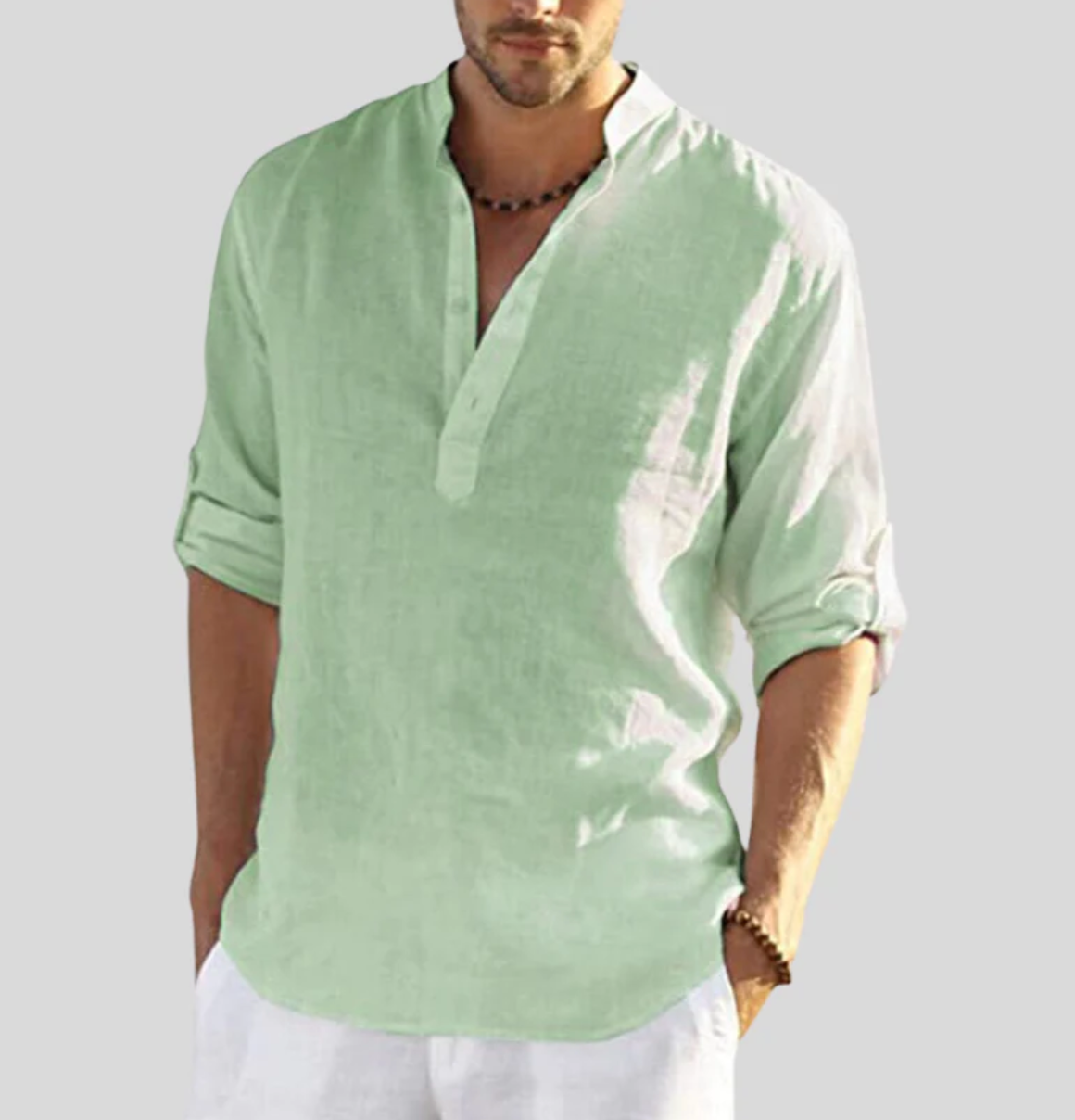 Leinenhemd - Herren Hemd mit halben Ärmeln und Knöpfen - leichtes Sommerhemd-Hellgrün-XS-Chaps Herrenmode