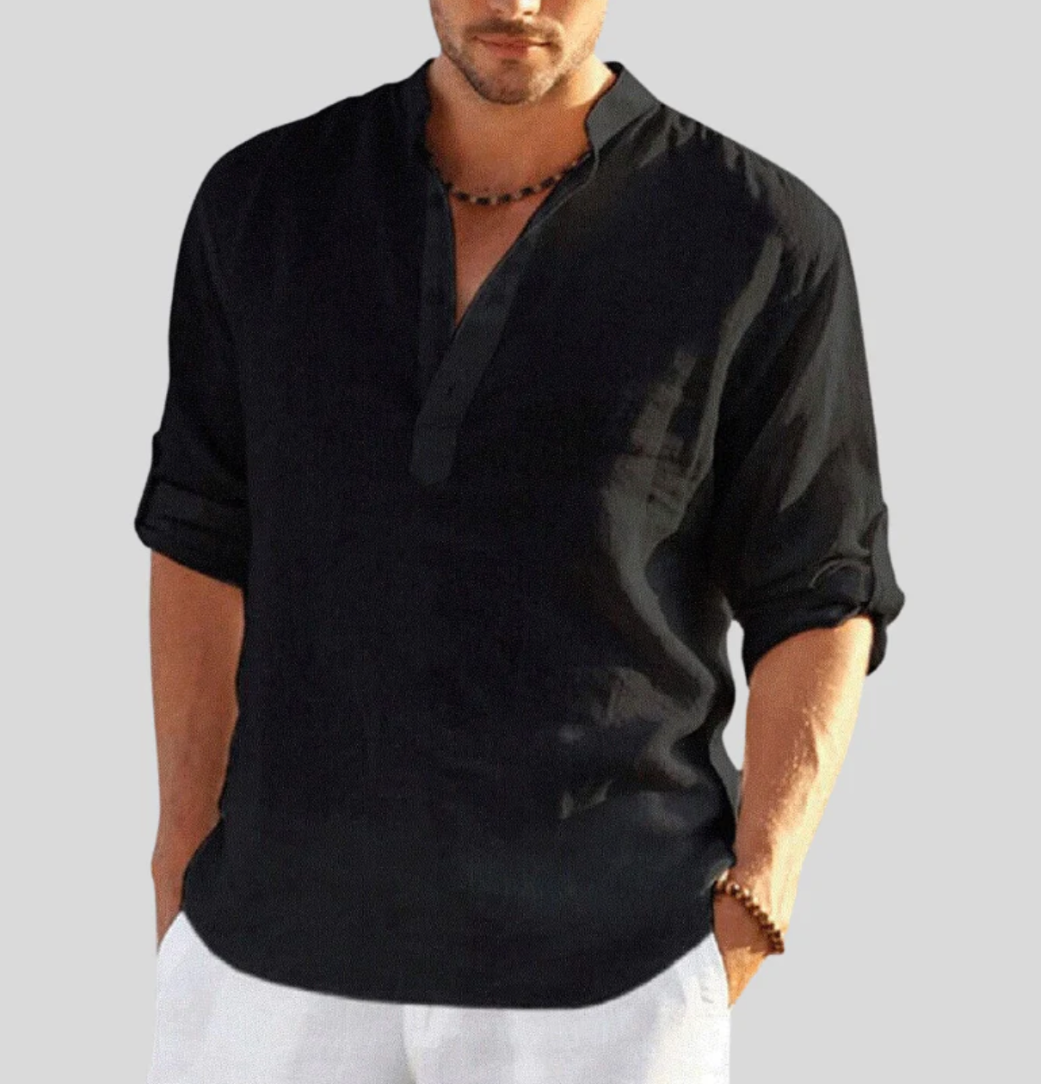Leinenhemd - Herren Hemd mit halben Ärmeln und Knöpfen - leichtes Sommerhemd-Schwarz-XS-Chaps Herrenmode