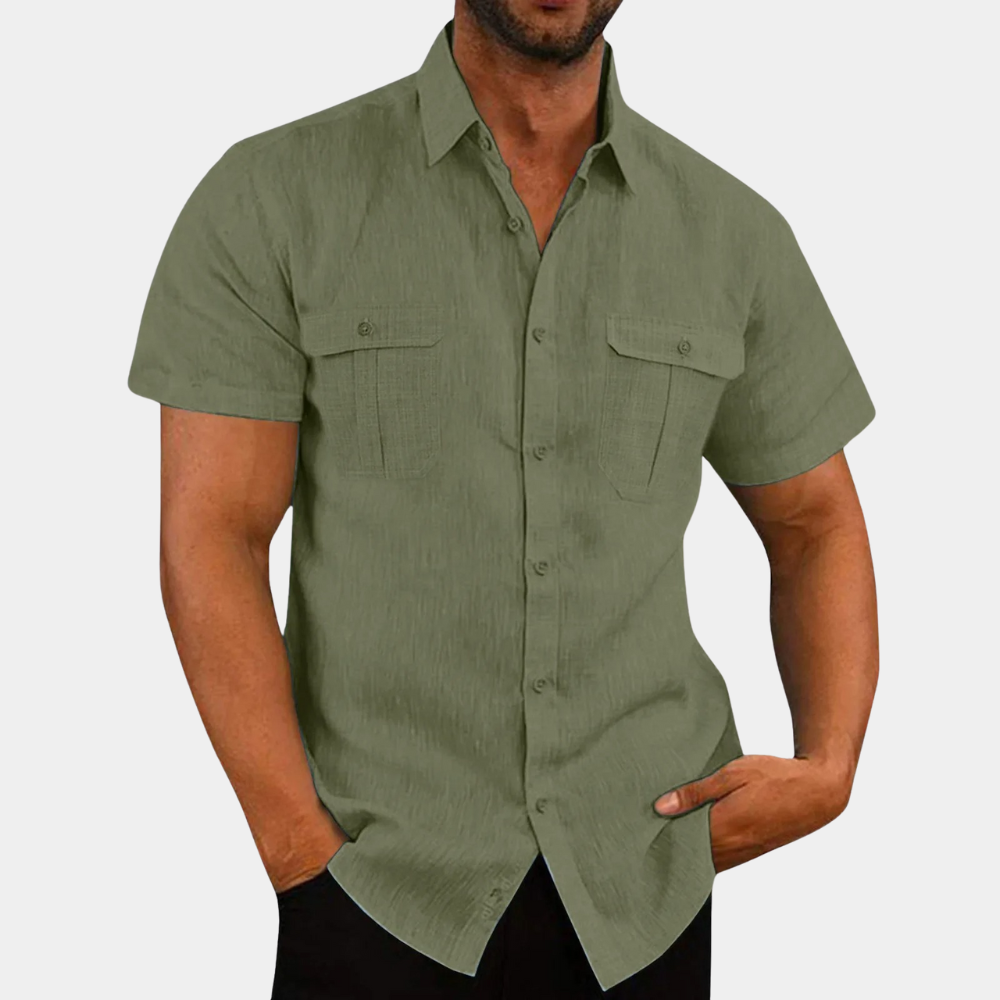 Leinenhemd - Kurzarm - Brusttaschen - Hemden Button-Up - Herrenhemd-Armeegrün-M-Chaps Herrenmode