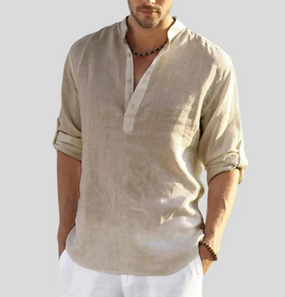 Leinenhemd | Langarm | Halber Knopf | Button-Up Hemd | Herrenhemd-Beige-S-Chaps Herrenmode