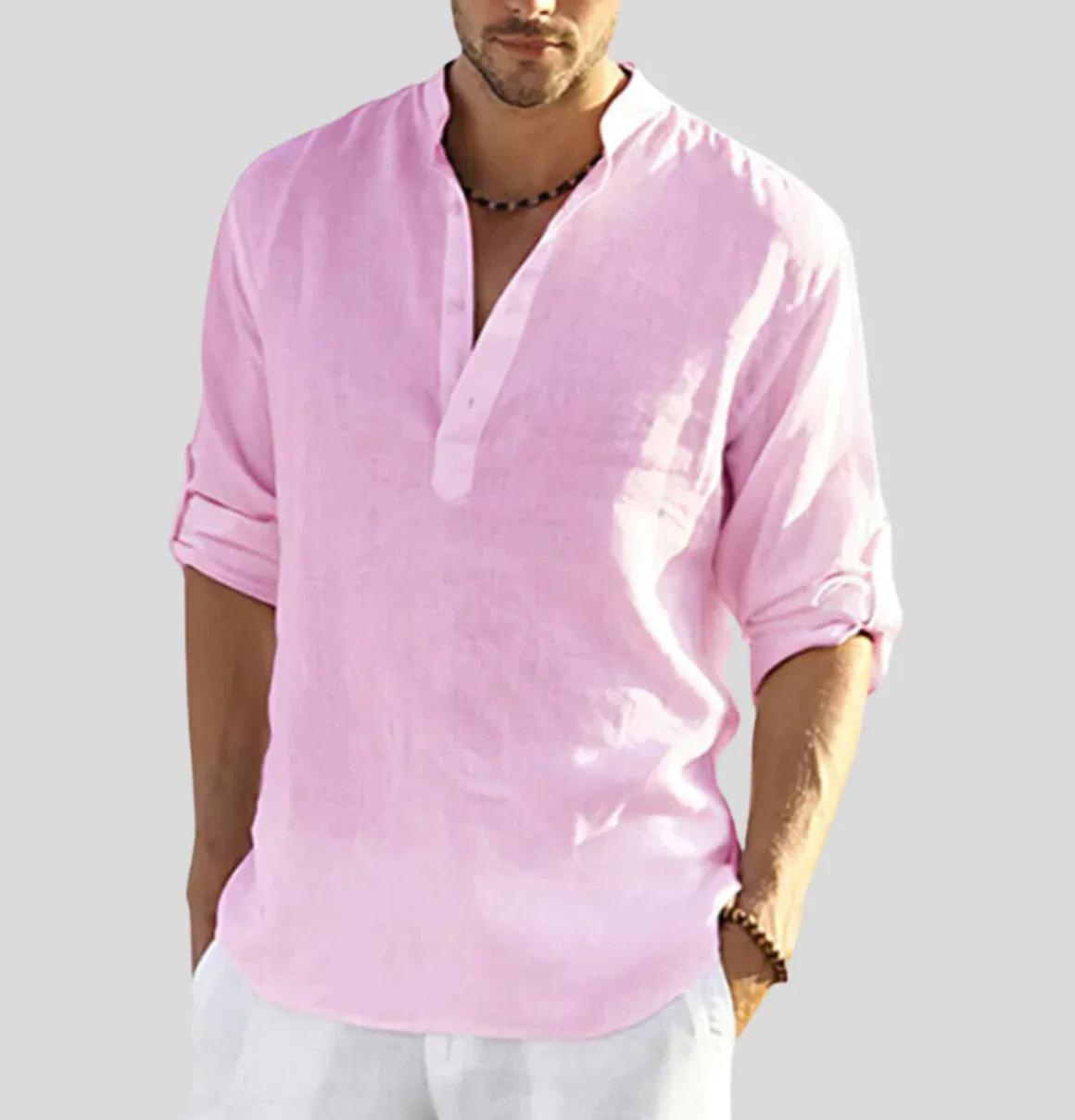 Leinenhemd | Langarm | Halber Knopf | Button-Up Hemd | Herrenhemd-Rosa-S-Chaps Herrenmode