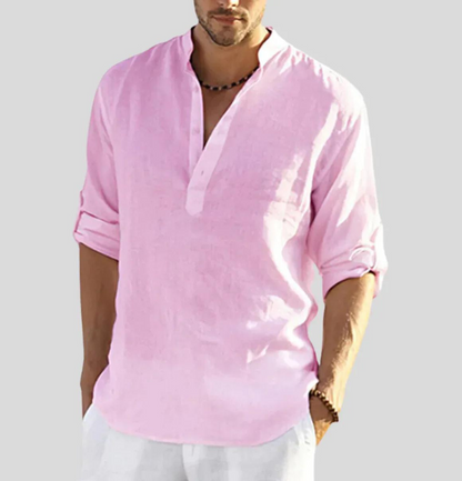 Leinenhemd | Langarm | Halber Knopf | Button-Up Hemd | Herrenhemd-Rosa-S-Chaps Herrenmode