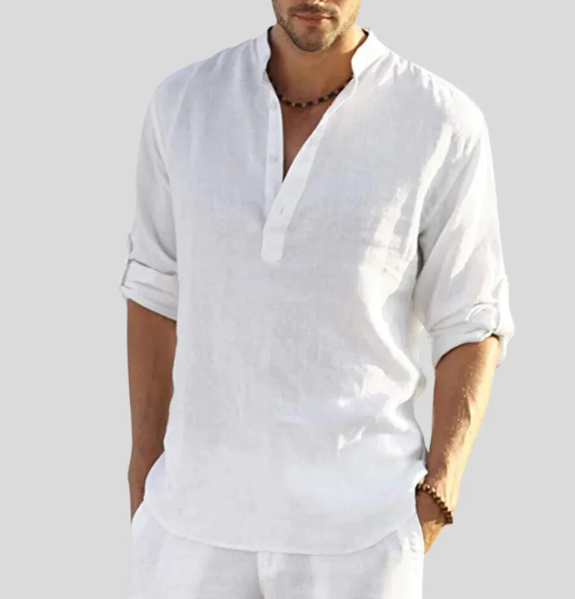 Leinenhemd | Langarm | Halber Knopf | Button-Up Hemd | Herrenhemd-Weiß-S-Chaps Herrenmode