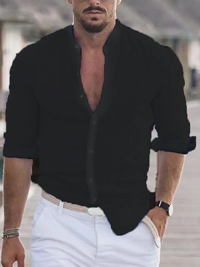Leinenhemd | Langarm | Leichtgewicht | Button-Up Hemd | Herrenhemd-Schwarz-XS-Chaps Herrenmode