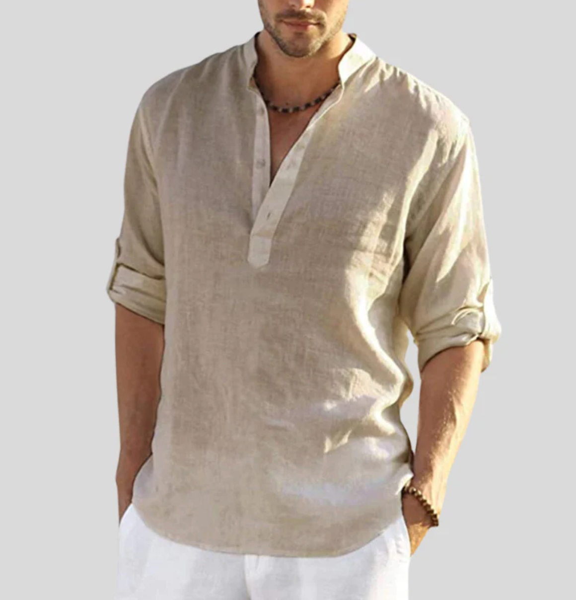 Leinenhemd - Langarmhemd für Männer mit lockerem Schnitt und halber Knopfleiste für den Sommer-Beige-XS-Chaps Herrenmode