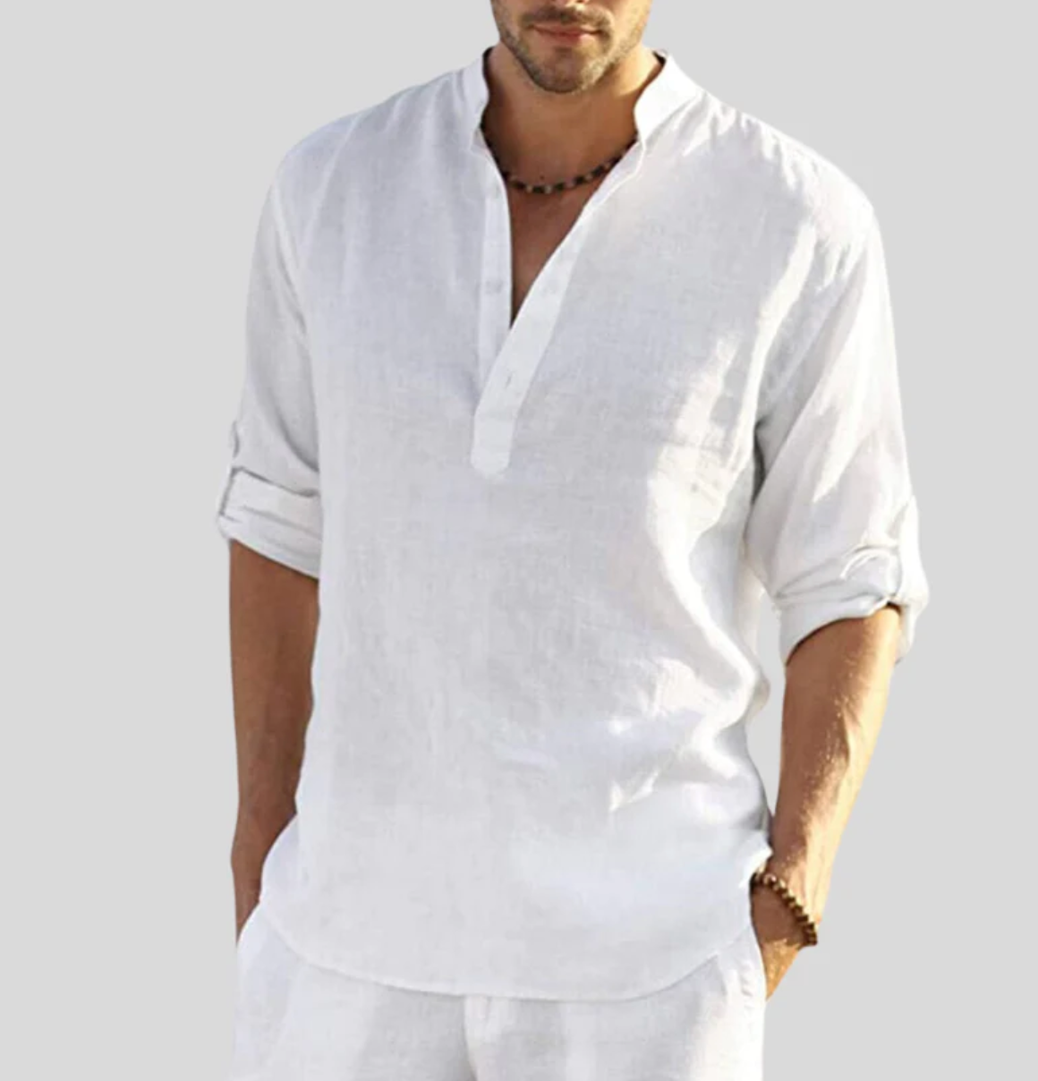 Leinenhemd - Langarmhemd für Männer mit lockerem Schnitt und halber Knopfleiste für den Sommer-Weiß-XS-Chaps Herrenmode