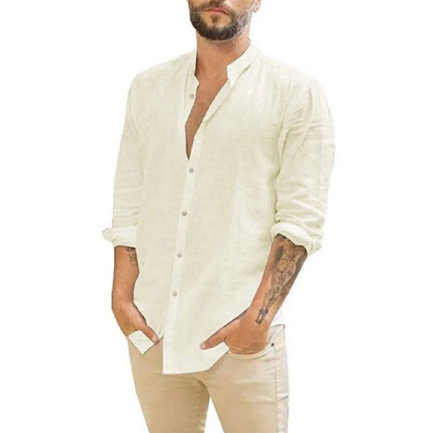 Leinenhemd | Leicht | Langarm | Knopfleiste | Sommerhemden für Männer-Beige-S-Chaps Herrenmode