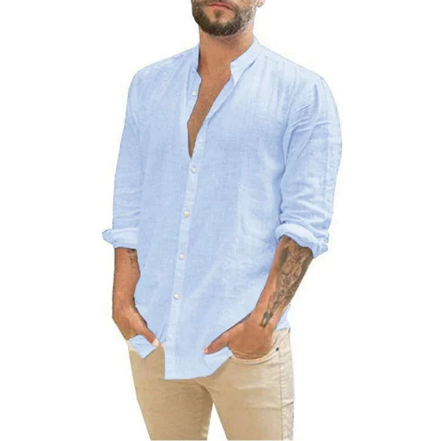 Leinenhemd | Leicht | Langarm | Knopfleiste | Sommerhemden für Männer-Hellblau-S-Chaps Herrenmode
